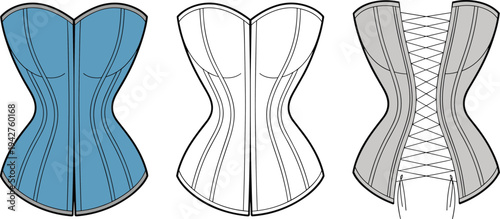 Three different corset shown in blue and white with detailed boning structure and stitching patterns