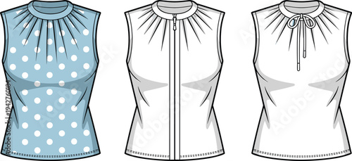 Three different sleeveless with varying patterns and details sleeveless blue white polka dots white solid color