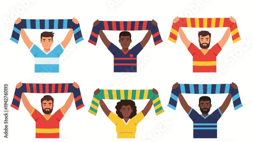 Energetic and diverse group of global sports supporters raising colorful scarves in celebration at a vibrant event.