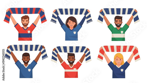Diverse group of enthusiastic sports fans holding up striped scarves, cheering and supporting their teams at a stadium event, vibrant vector illustration.