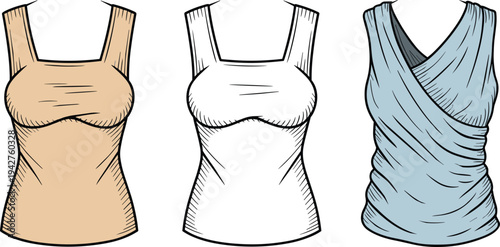 Three different styles of women's tops in brown white and blue colors women's clothing brown white blue sleeveless