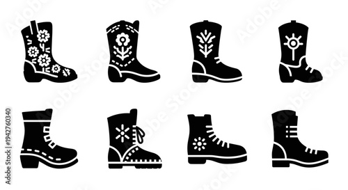 Stylish silhouette black and white collection of trendy boots for fashion enthusiasts