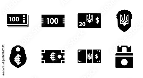 Monochrome currency icons with ukrainian symbolism in simple design