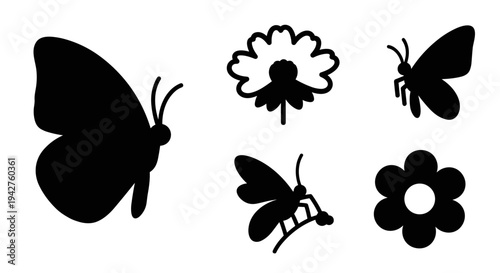 Nature silhouette series: butterfly and flower designs in bold black shapes