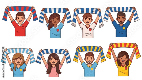Diverse Group of Enthusiastic Supporters Cheering with Colorful Striped Scarves at a Sports Event, Cartoon Illustration