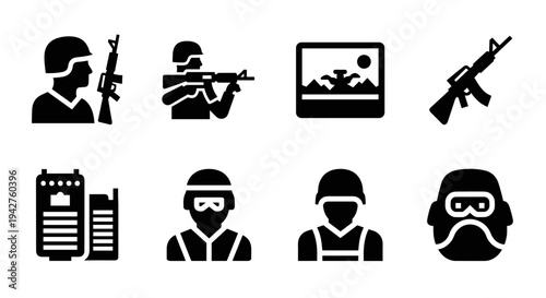 Military icons: soldier silhouettes and equipment in bold black design