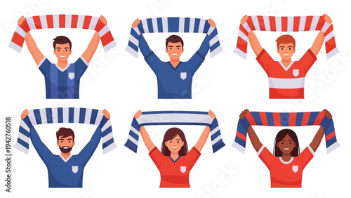 Diverse Group of Enthusiastic Supporters Cheering with Scarves at a Sporting Event. Cartoon Vector Illustration Set of Happy Fans.