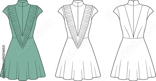 Three dress with v- neck and flared skirts in green and white dresses fashion clothing