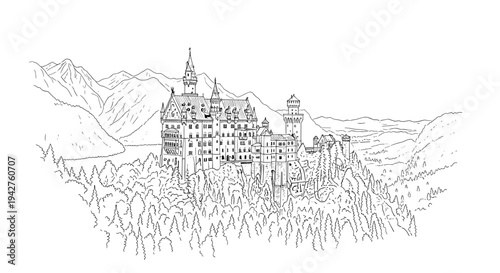 Detailed architectural line art of a majestic mountain castle landscape