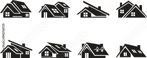 Set of stylized house icons with different rooflines