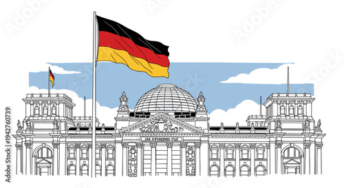 Iconic landmark with german flag against blue sky: architectural representation