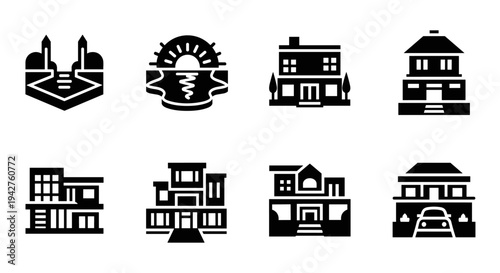 Black and white silhouette icons of various house and building designs