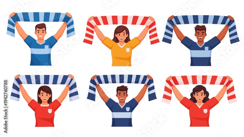 Diverse group of enthusiastic sports fans cheering with team scarves, celebrating victory or showing support in a vibrant vector illustration.