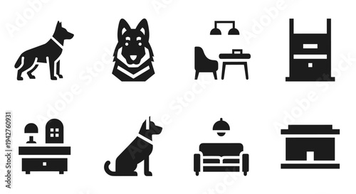 Silhouette icons of dogs and home office furniture