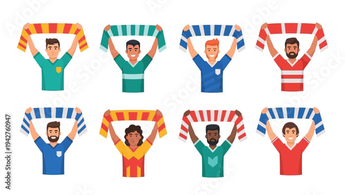 Enthusiastic diverse male fans in colorful team jerseys raising striped scarves high, celebrating a victory or supporting their favorite team.