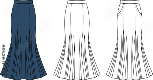 Three pleated skirts in blue and white with detailed line showing different styles and fashion