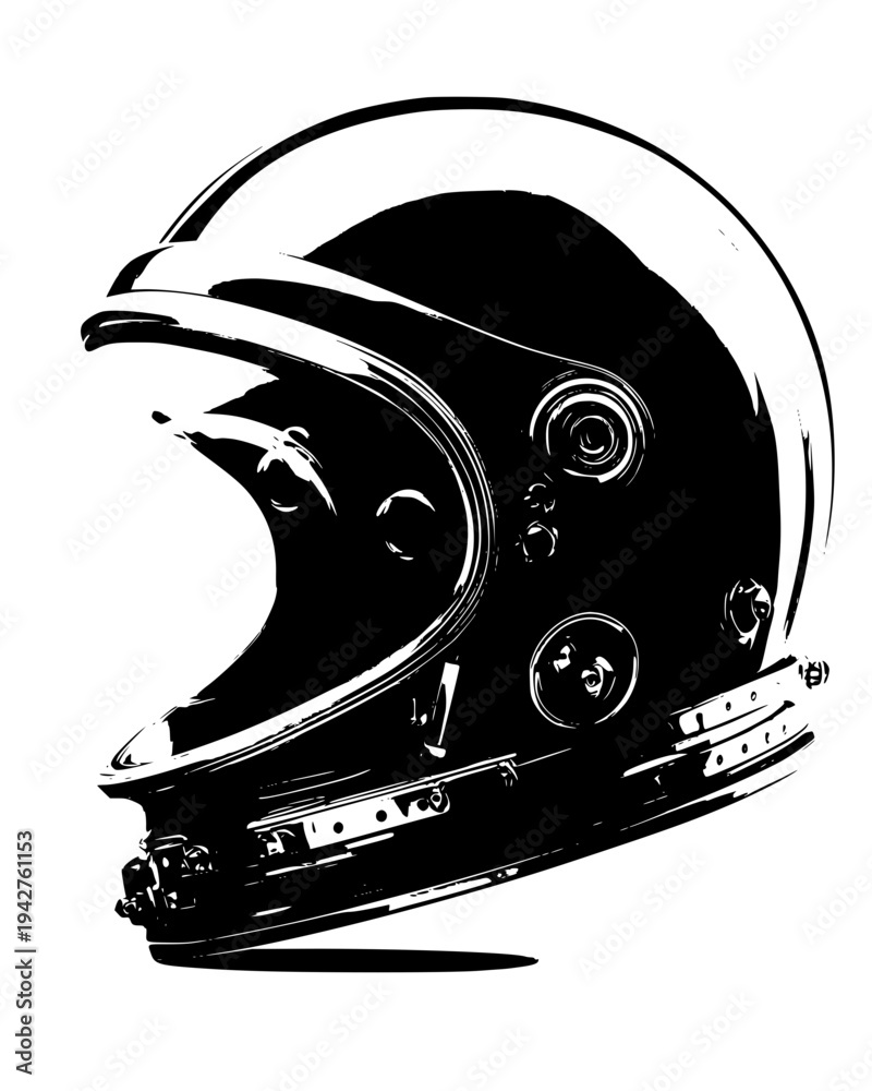 Obraz premium Bubble helmet on a space suit with a bright metallic finish, black vector art