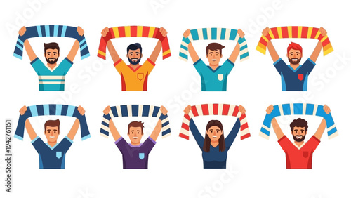 Diverse group of enthusiastic sports fans, including men and women, cheering with colorful striped scarves held high, isolated vector illustration set.