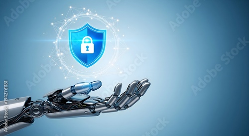 A robotic hand holding a digital shield with a padlock icon representing cybersecurity.