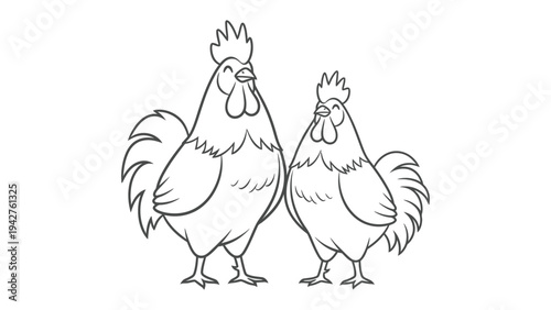 Rooster Friends: Two proud roosters, with detailed line art, stand side by side, radiating a sense of companionship and simplicity.