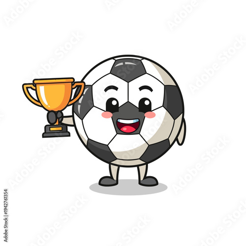 Cheerful animated soccer ball character joyfully holding a shining golden winner's trophy, celebrating victory in a sports competition with a triumphant smile, isolated digital illustration.