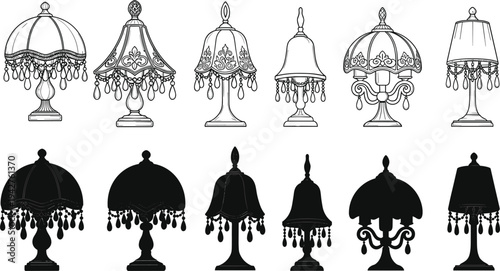 Vintage decorative table lamps collection with ornate lampshades outline and silhouette vector set isolated classic interior lighting decor illustration