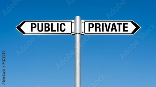 Strategic decision point: Directional signpost indicating choices between public and private options under clear sky.