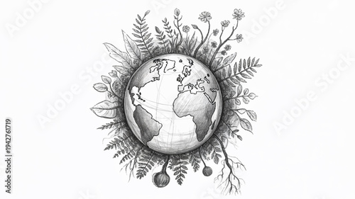 Earth surrounded by lush foliage and flowers symbolizing nature and environmental conservation