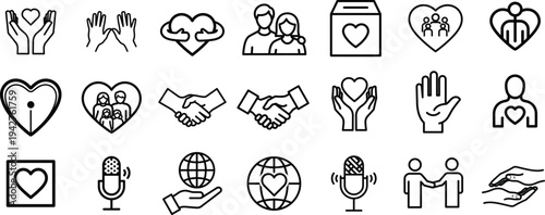 Minimal Vector Icons of Heart, Unity, and Collaboration Symbols