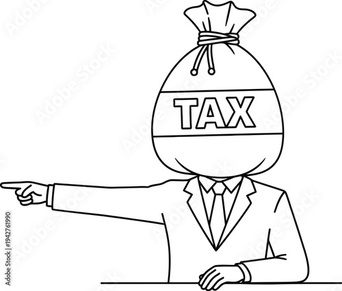Businessman pointing forward with a large sack labeled TAX covering his head symbolizing oppressive financial.