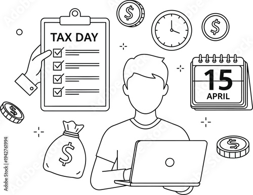 Person working on laptop surrounded by tax day paperwork, money, and calendar reminders for April fifteenth deadline.