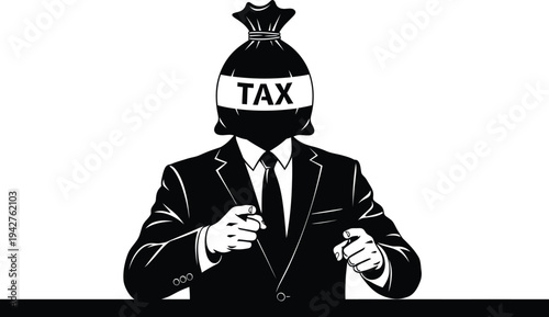 Businessman with a large sack labeled TAX replacing his head points directly at the viewer demanding payment for levies.