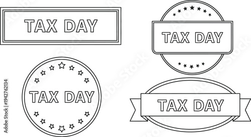 Outline graphic showing blank tax day emblems and decorative seals suitable for customization or coloring activity.