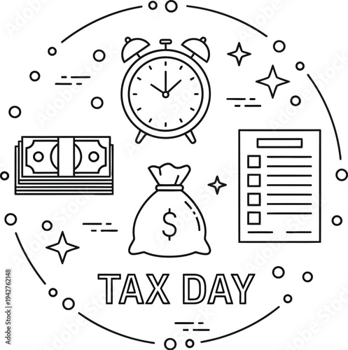 Assorted icons symbolizing financial obligations including cash, money bag, checklist, and alarm clock surrounding the.