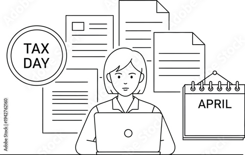 Woman accountant focused on laptop screen surrounded by documents and an April calendar marking the critical deadline.