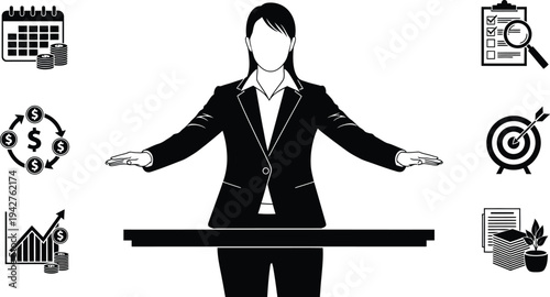 Businesswoman gestures toward financial and planning icons representing corporate strategy and goal achievement in.
