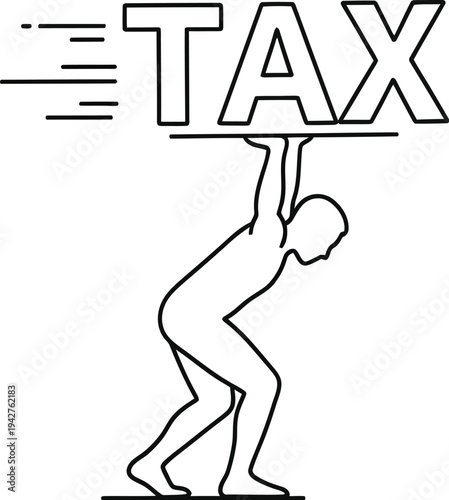 Stick figure man struggling under the heavy weight of the large word TAX moving quickly forward with motion lines.