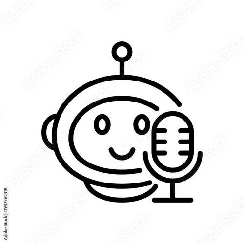 Chatbot with Microphone thin line icon. AI virtual assistant. Chat bot smart robot communication symbol. Black outline vector sign.