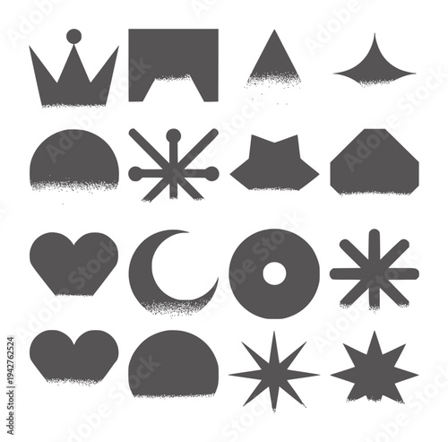 Collection of dark grey abstract geometric shapes with textured bottoms