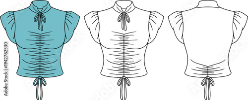 Three stylized blouses with detailed stitching and ribbons in blue white and outline
