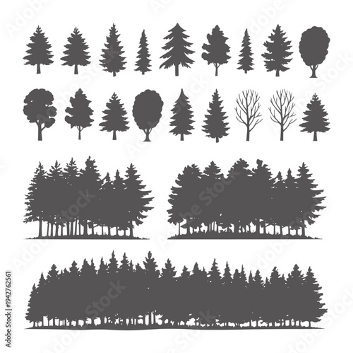 Collection of dark grey tree silhouettes against a white