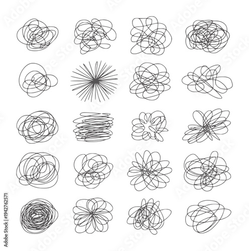 Collection of twenty black and white abstract scribbled doodles chaos messy