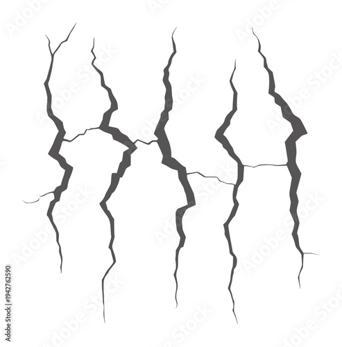 Five dark gray jagged cracks a white fracture break fissure damage