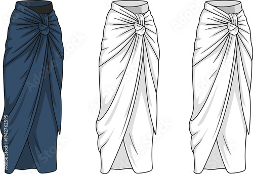 Three skirts with tied knots in blue and white variations fashion