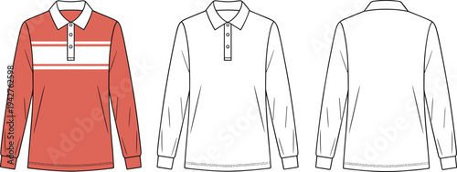 Three views of a long sleeve polo shirt in red and white and plain white striped