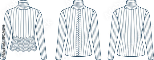 Three white ribbed sweaters with different necklines and turtleneck