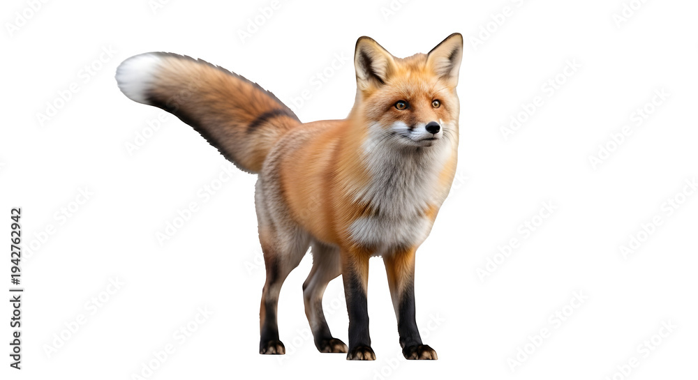 Obraz premium Red fox stands tall with fluffy white tail tip.
