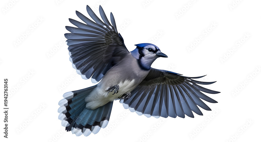 Fototapeta premium Blue jay bird flaps wings against bright white.