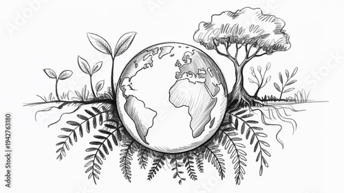 Earth globe surrounded by lush greenery and trees symbolizing environmental conservation and sustainability
