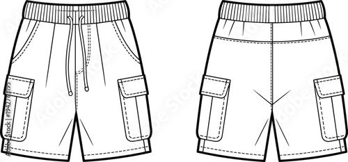 Two pairs of black and white cargo shorts with drawstrings and multiple pockets shown from front and back views